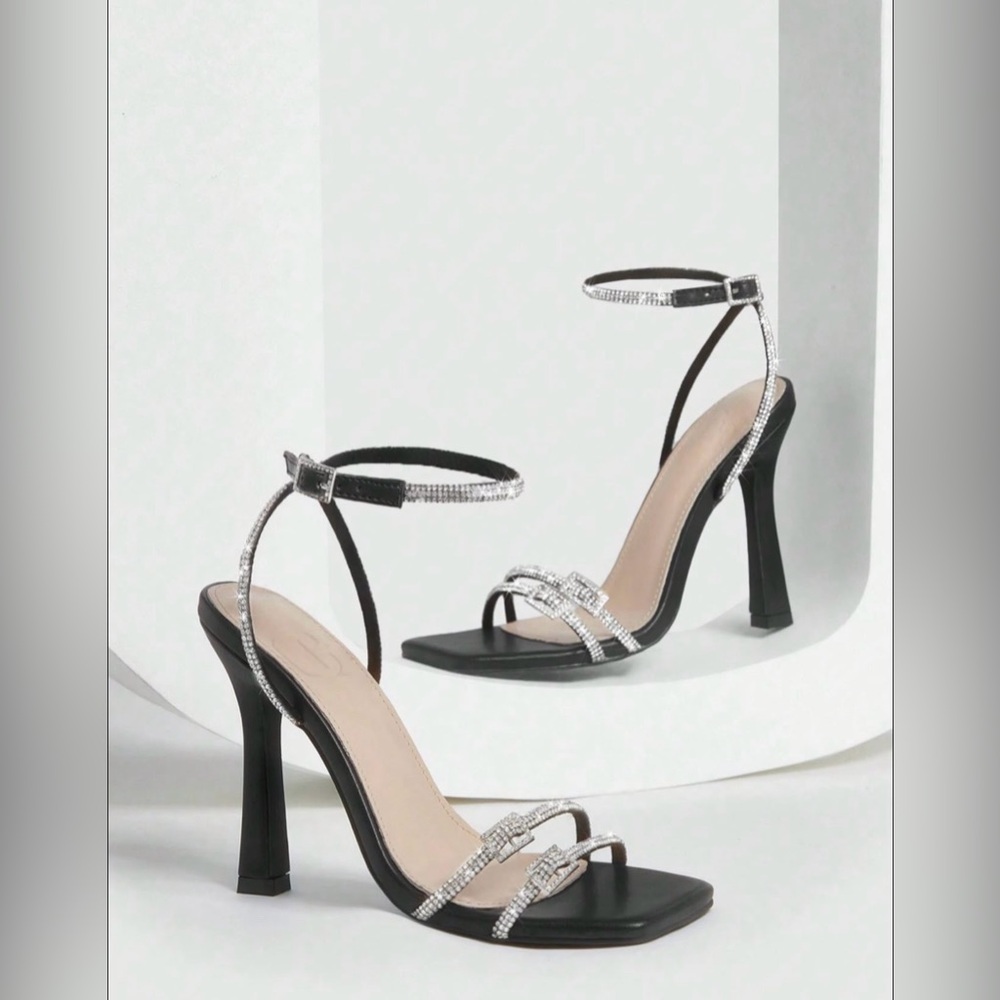 Elegant Rhinestone Decor Square Toe Lace 
Black High Heel Sandals